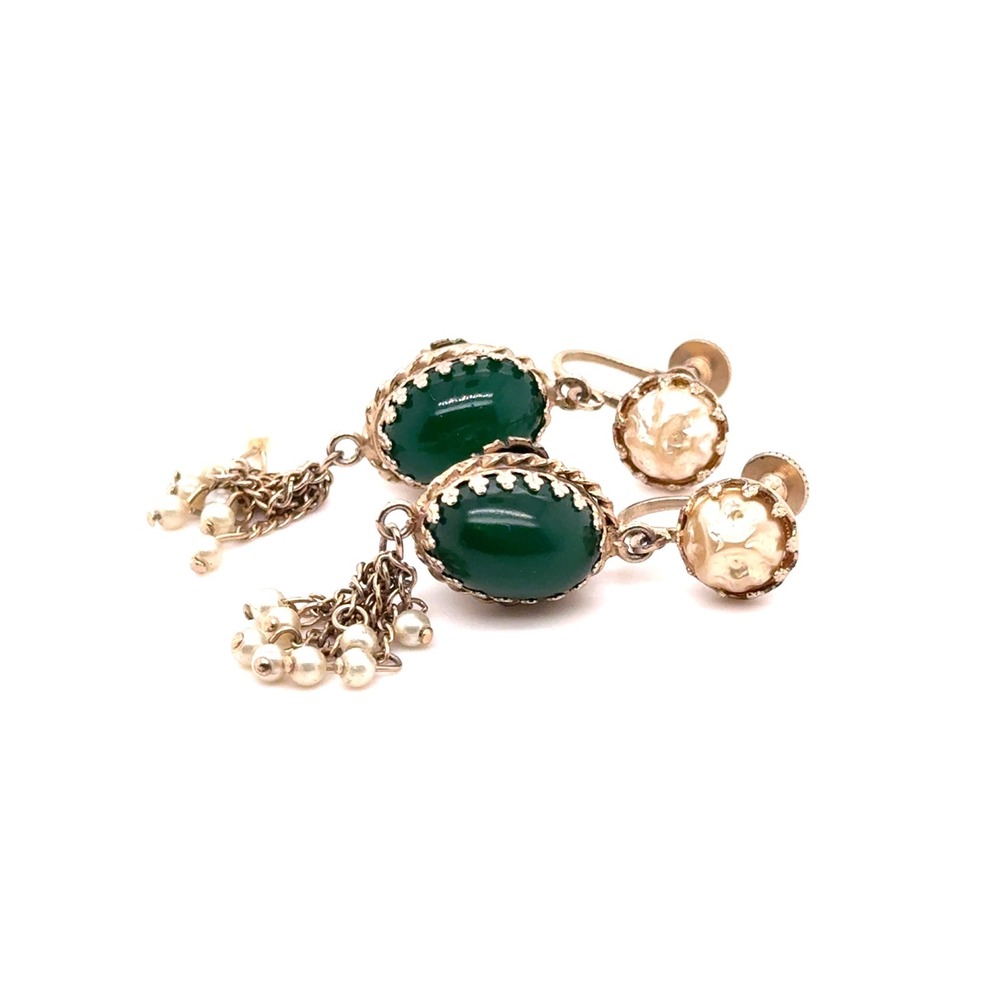 Vintage Lion Head Green Cabochon Pearl Tassel Screw Back Drop Earrings